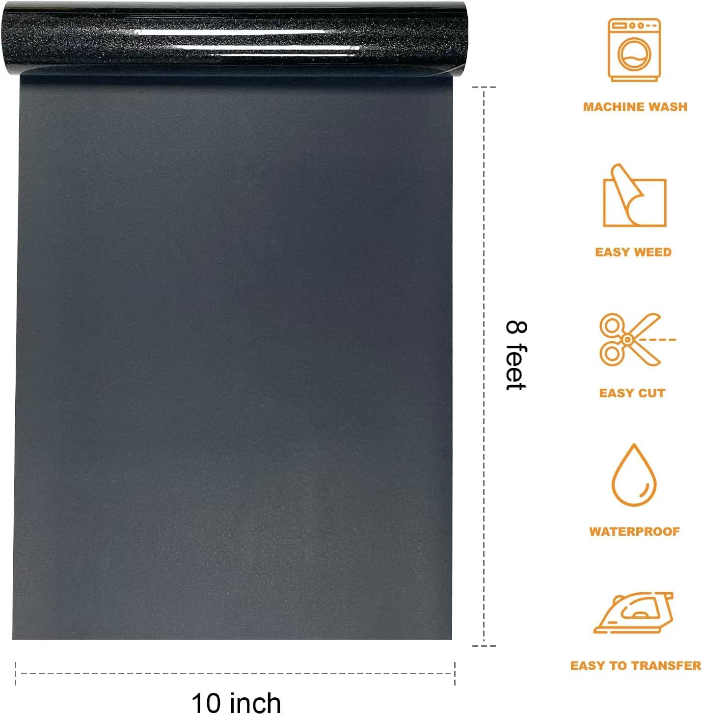 Black Glitter HTV Heat Transfer Vinyl Rolls- 10" x 8ft. Glitter HTV Black for Shirts. Iron on Vinyl and Heat Transfer Vinyl for All Cutters Machines. Easy to Cut & Weed Heat Vinyl Designs