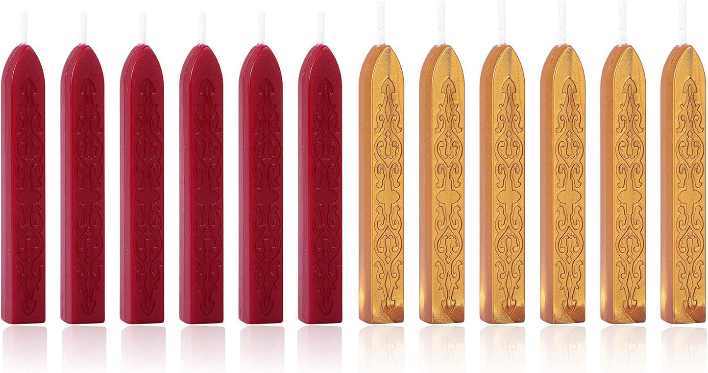 Yoption 12 Pcs Sealing Wax Sticks with Wicks, Antique Wine Red Dark Gold Totem Fire Manuscript Seal Wax for Wax Seal Stamp