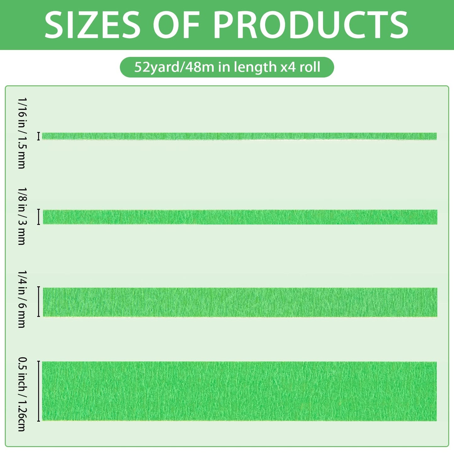 QDiShi 4 Rolls Fine Line Tape(Green), Fineline Masking Tape in 1/16, 1/8, 1/4 and 1/2 Inch Wide x 52 Yard Long, Automotive Masking Tape for DIY Car Auto Paint Art