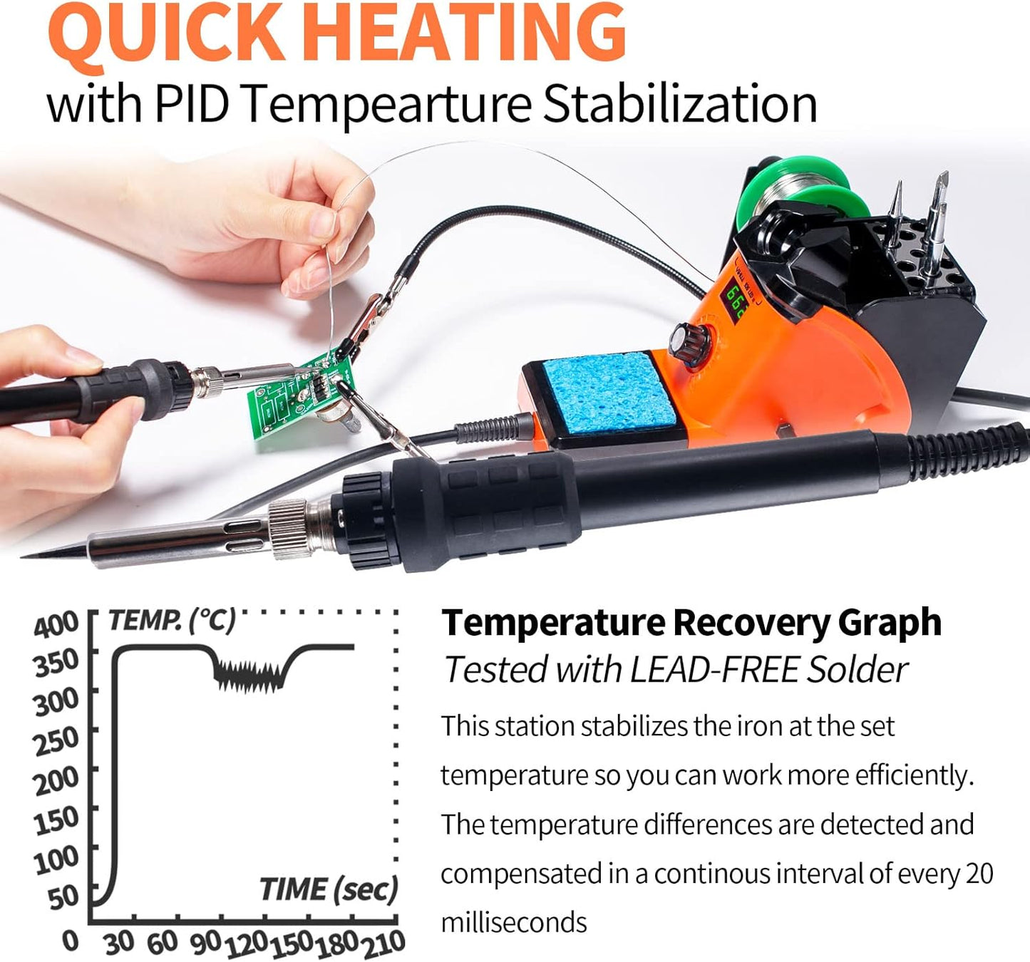 YIHUA 926 III 60W LED Display Soldering Iron Station Kit w 2 Helping Hands, 6 Extra Iron Tips, Roll of Lead-Free Solder, Solder Sucker, S/S Tweezers, °C/ºF Conversion, Auto Sleep & Calibration Support