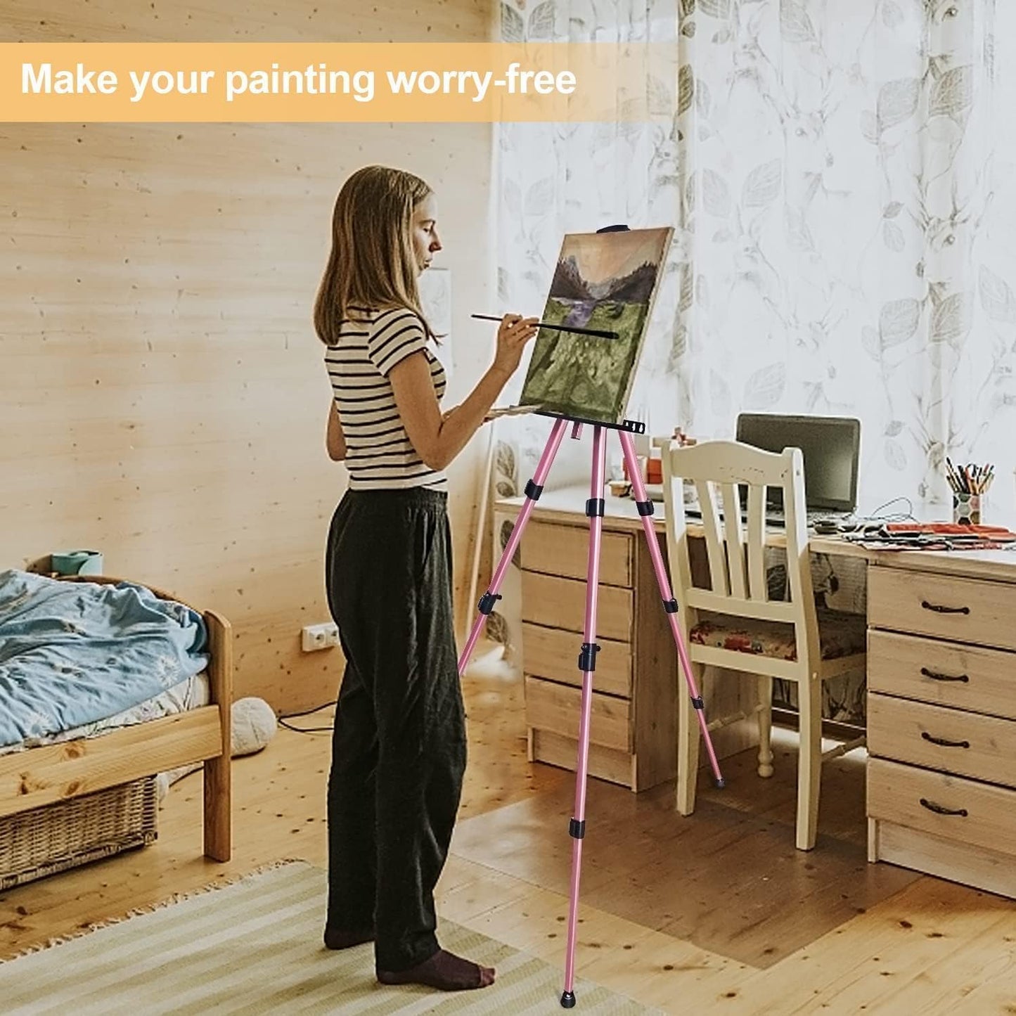 RRFTOK Artist Easel Stand, Aluminum Metal Adjustable Easel for Painting Canvases Height from 17 to 66 Inch,Carry Bag for Table-Top/Floor Drawing and Displaying(Pink)