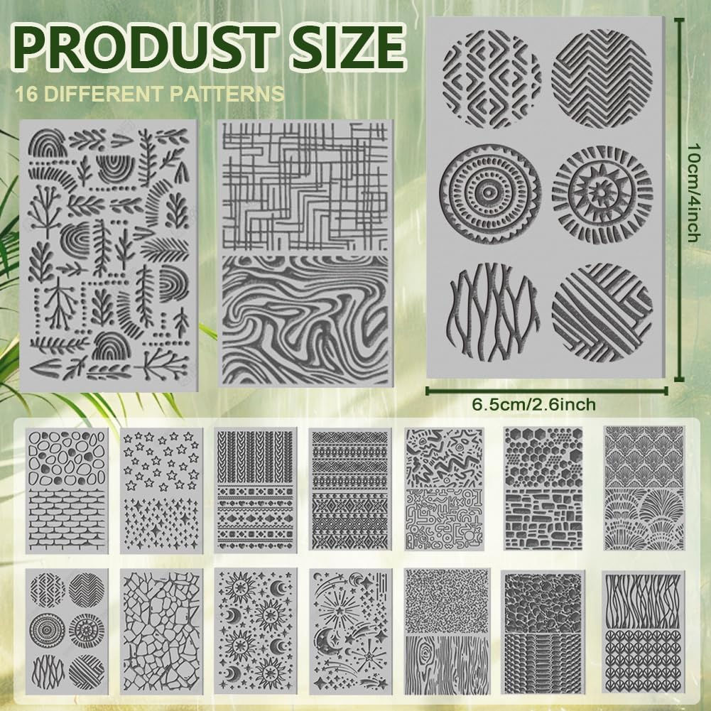 CHGCRAFT 16 Sheets 16 Styles Natural Knitted Texture Polymer Clay Texture Mat Sun Moon Stars Modeling Pattern Pad Bohemian Texture Sheets for Polymer Clay Making Earrings Jewerly Tools, 4×2.6 inch