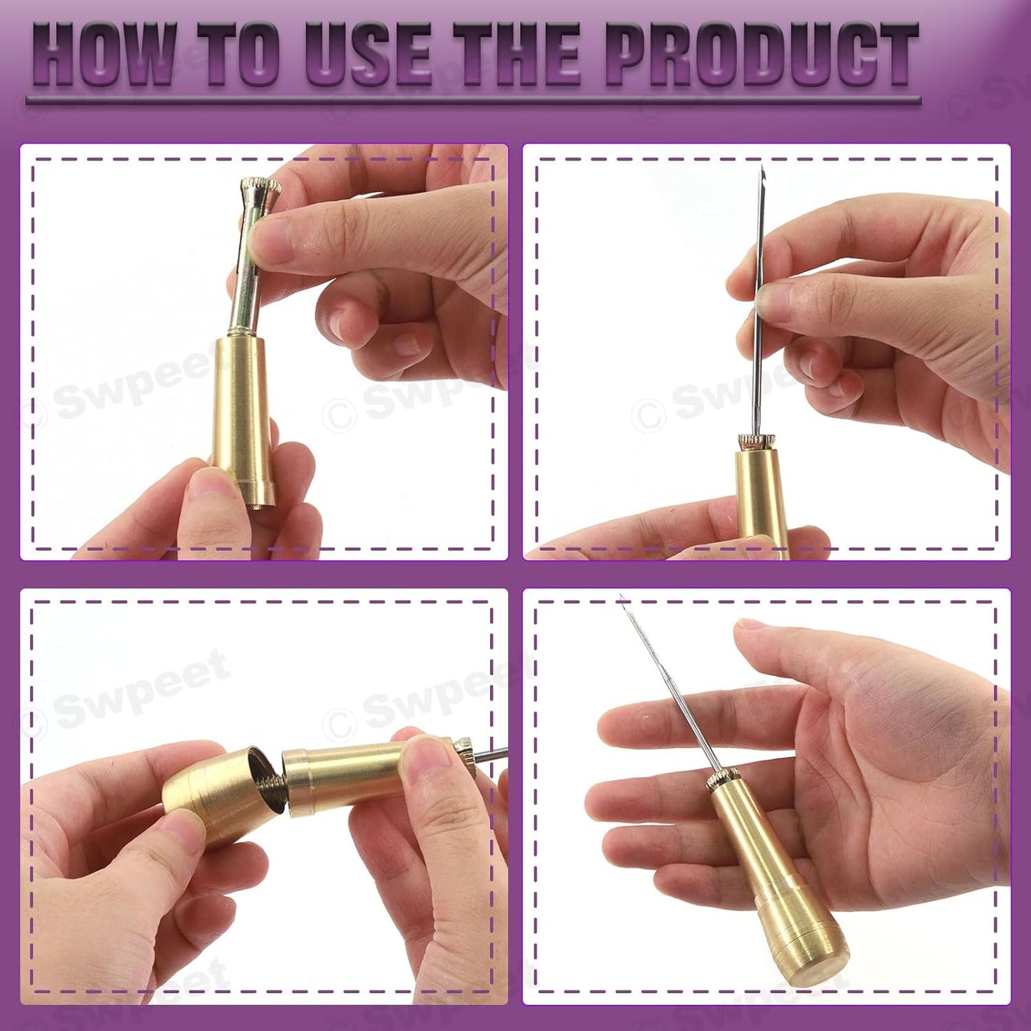 Swpeet 10Pcs Portable Copper Handle Canvas Leather Sewing Awl Needle and 3 Colors Nylon Waxed Thread Cord with Thimble Assortment Kit, Leather Sewing Tools for Canvas, Shoe and Leather Repair