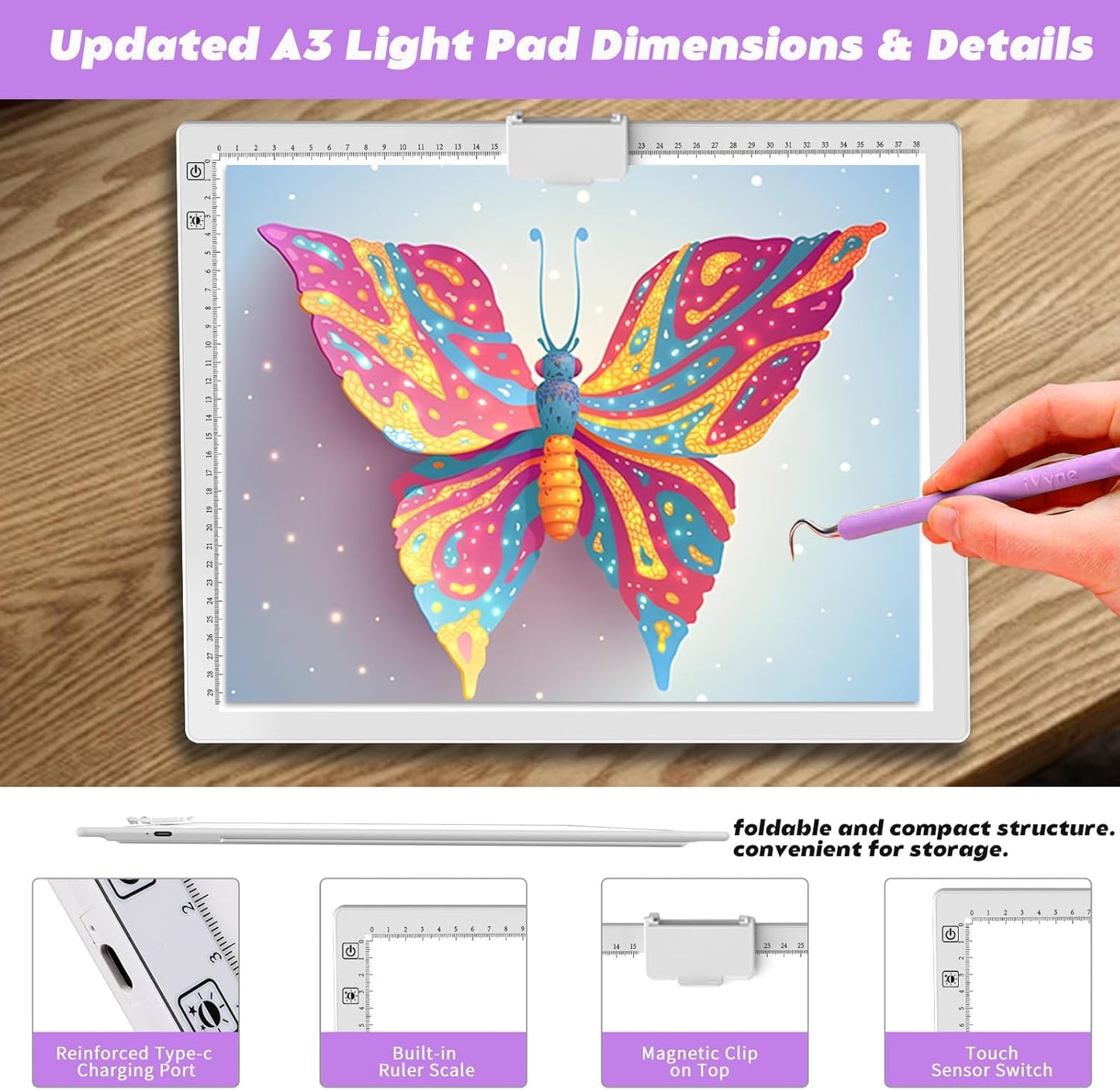 Wireless Rechargeable A3 Light Pad with Carry Bag,Diamond Art Light Board 2500mAh Battery,3 Color Temperatures and Stepless Dimming,Light Box for Tracing,Diamond Painting,Weeding Vinyl