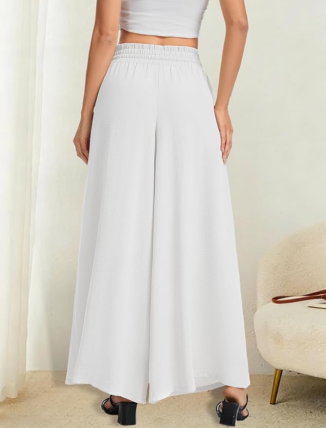 Women’s Wide Leg Pants Drawstring Elastic Waist Casual Trousers Lightweight Loose Lounge Pants with Pockets