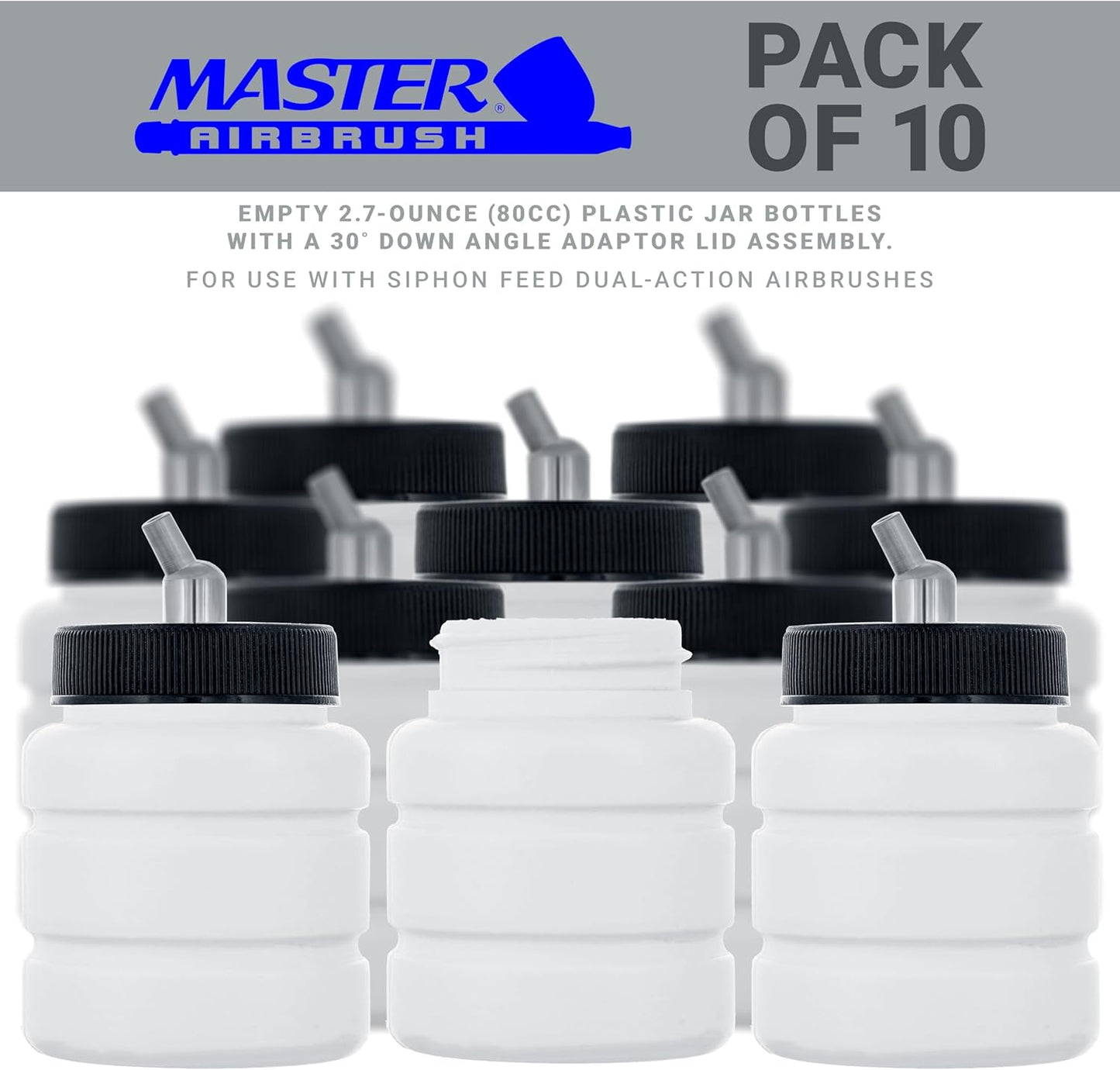 Master Airbrush (Pack of 10) TB-006 Empty 2.7-Ounce (80cc) Plastic Jar Bottles with 30° Down Angle Adaptor Lid Assembly - Fits Dual-Action Siphon Feed Airbrushes, Use with Master, Badger Paasche Iwata
