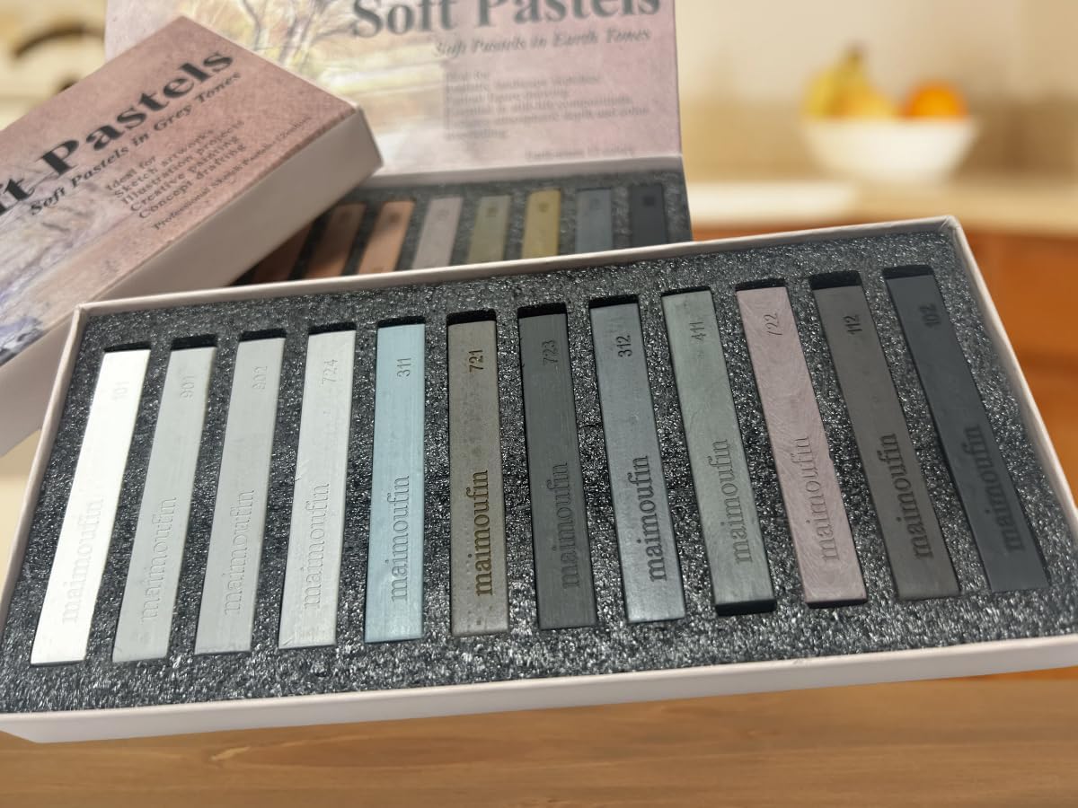 12-Pack Gray Tone Soft Pastel Sticks - Square Water-Soluble Artist Chalks with High Pigment for Sketching, Drawing & Illustration (Perfect for Artists, Beginners & Hobbyists) (Grey)