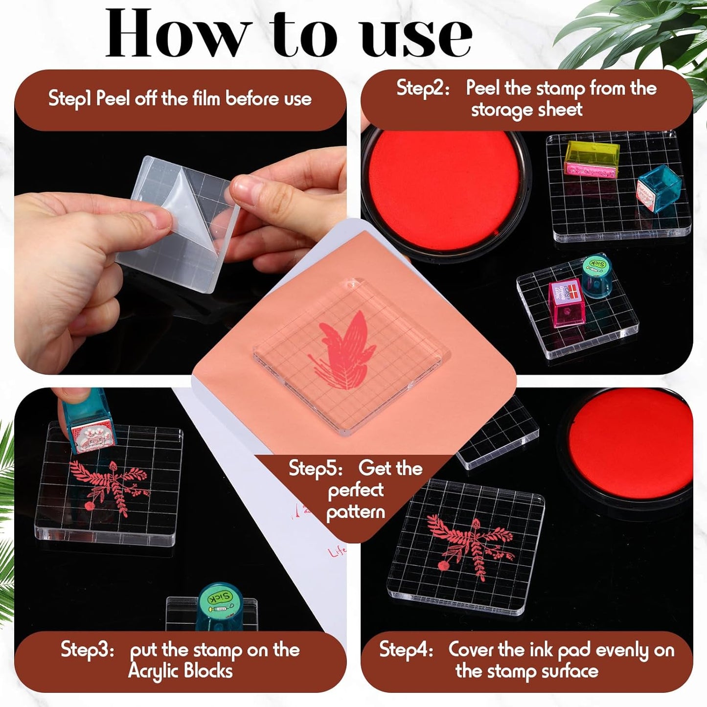 Mudder 7 Pieces Acrylic Stamp Blocks Set Clear Stamping Blocks Tools for Kids with Grid and Grip Scrapbooking Craft Making, Decorative DIY Essential Stamping Tool(Straight Edge)