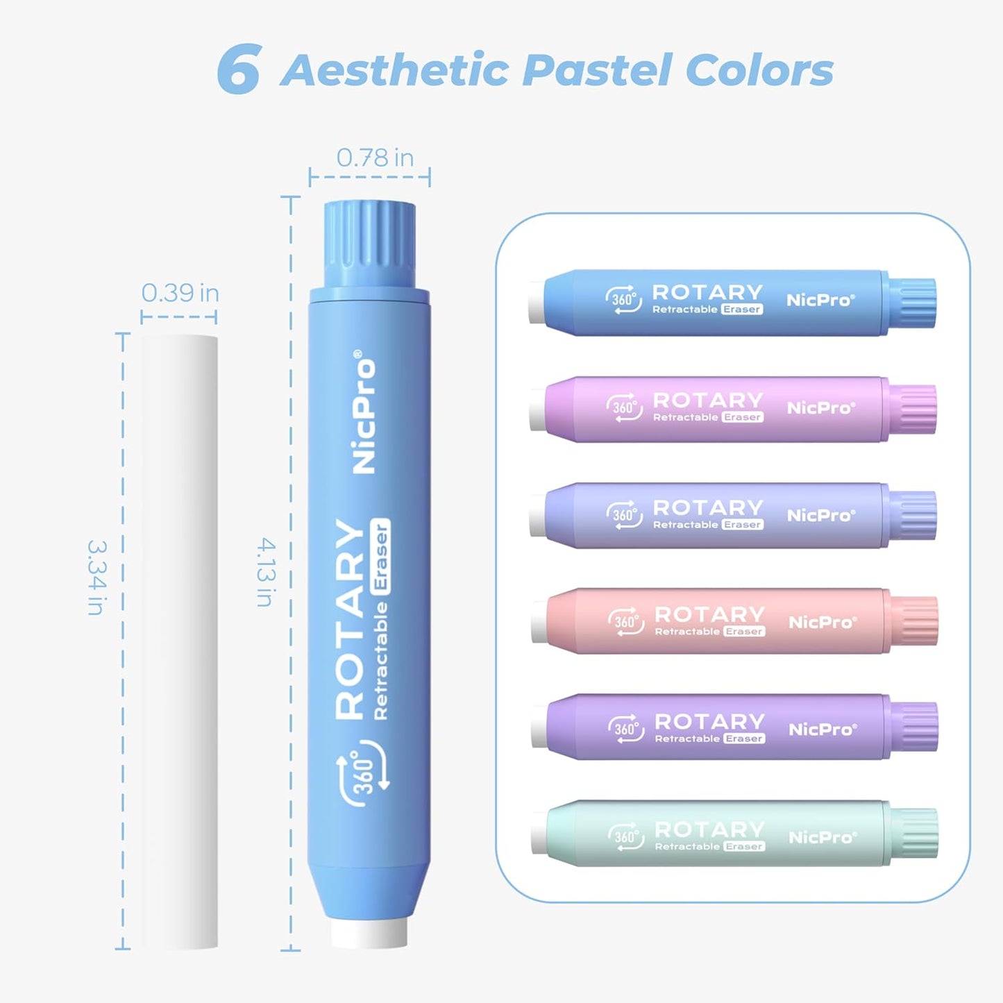 Nicpro 6 Pack Rotary Retractable Erasers Pen Style, Aesthetic Pastel Twist Erasers in Macaron Colors, Clean Erasing TPE Eraser for School Supplies, Office, Drawing & Journaling