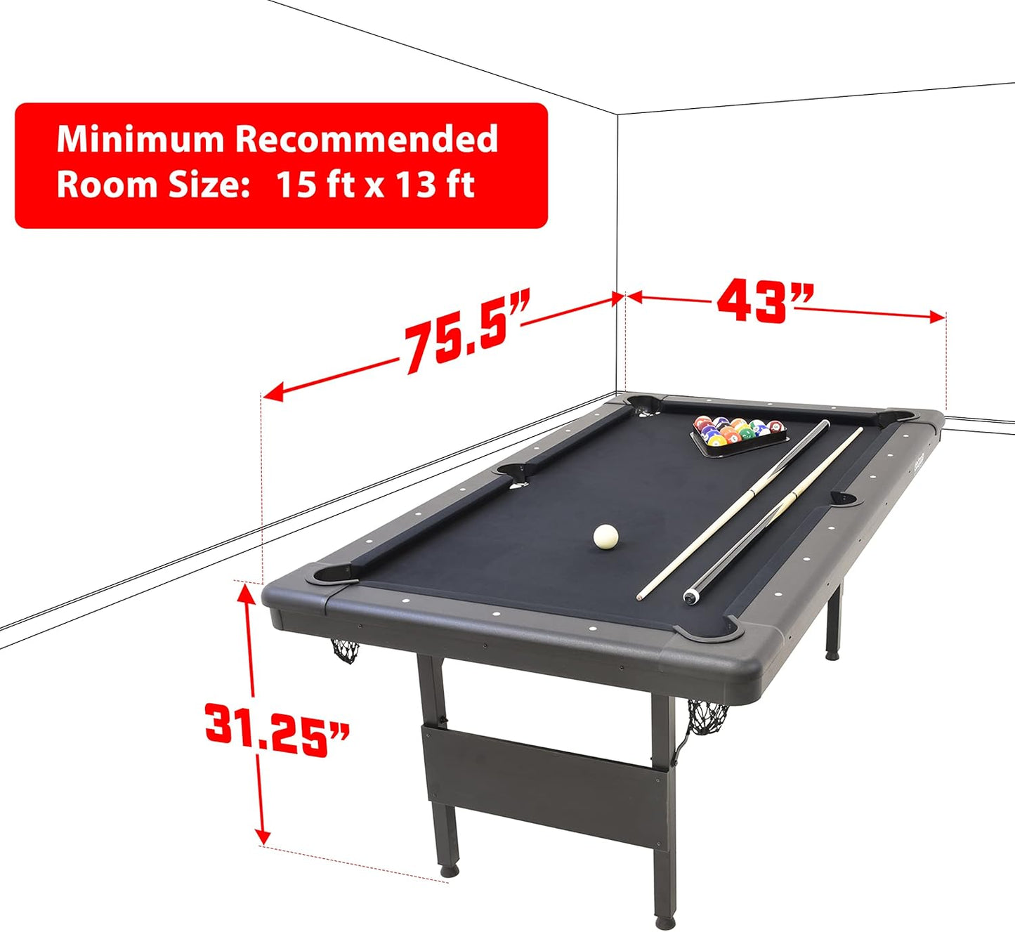 GoSports 6, 7, or 8 ft Billiards Tables - No Assembly, Choose Your Color - Portable Pool Table Includes Full Set of Balls, 2 Cue Sticks, Chalk and Felt Brush