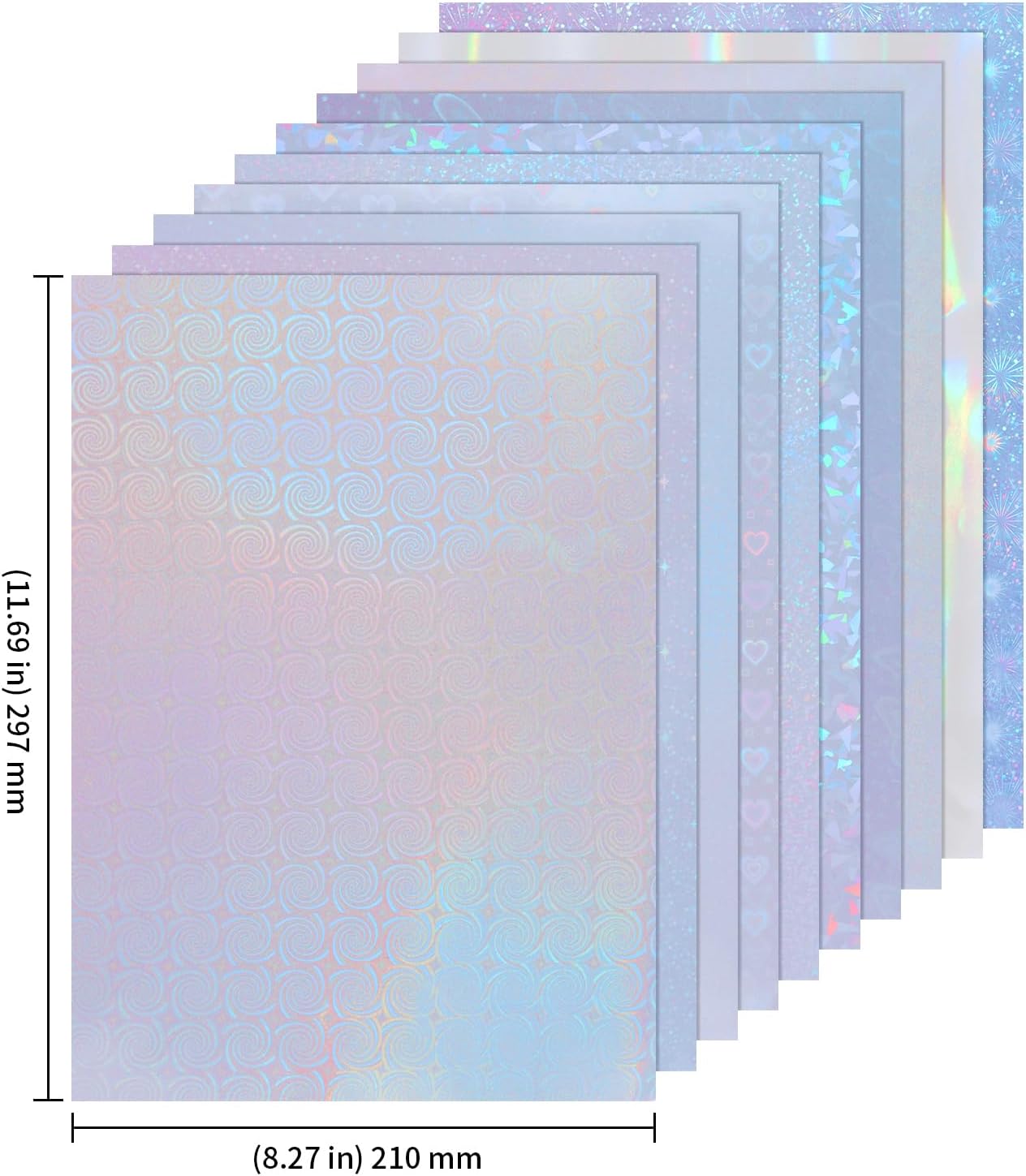 KEILEOHO 50 Sheets A4 Holographic Paper Sticker, 10 Patterns Styles Clear Waterproof Self Adhesive Film, 11.7 x 8.3 Inches Holographic Cardstock