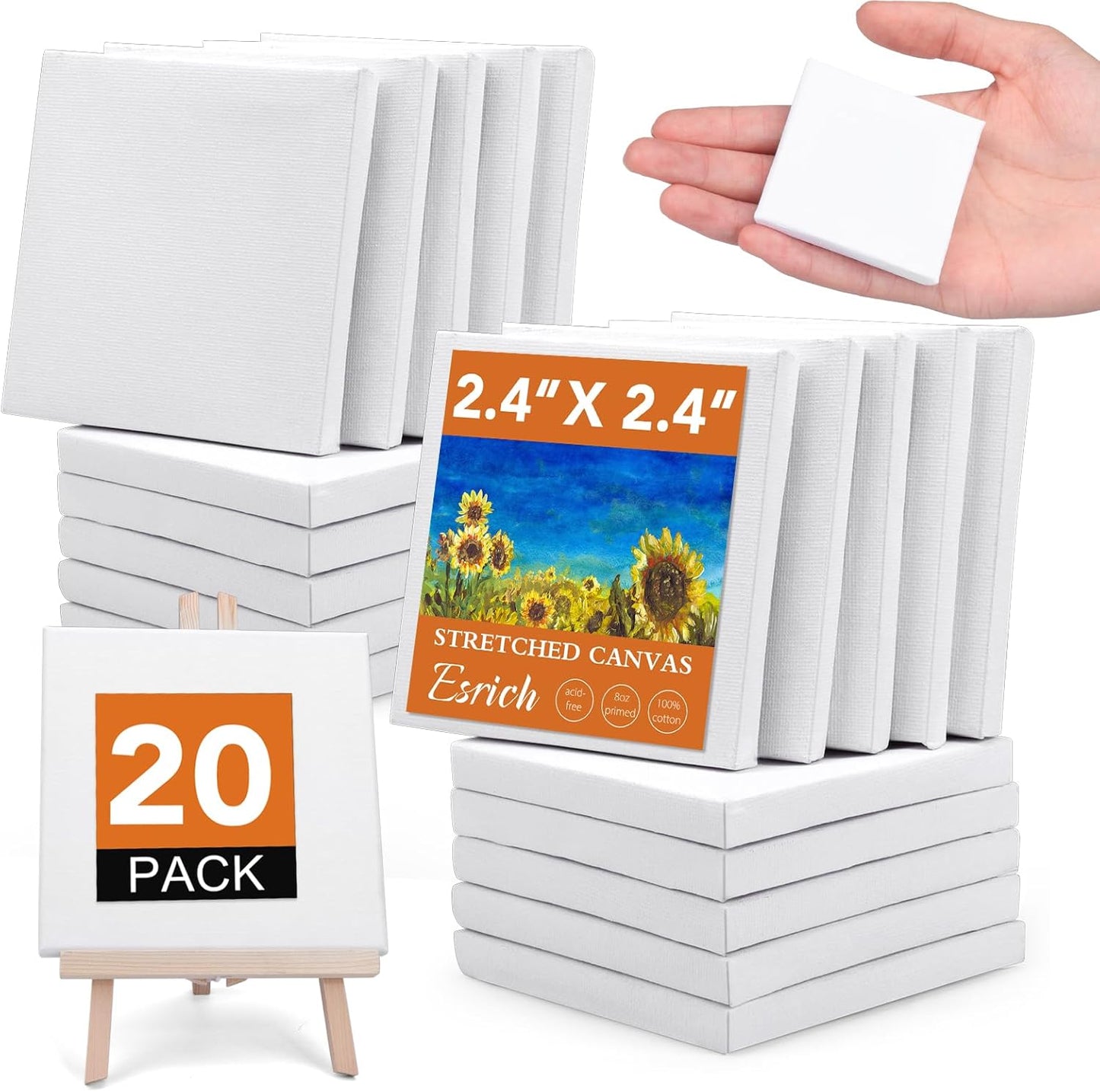 ESRICH Mini Stretched Canvas 20Pack 2.4x2.4inch, 2/5''Profile Art Primed Canvases for Painting, Cotton Small Professional Stretched Canvas for Kids and Art Supplies.