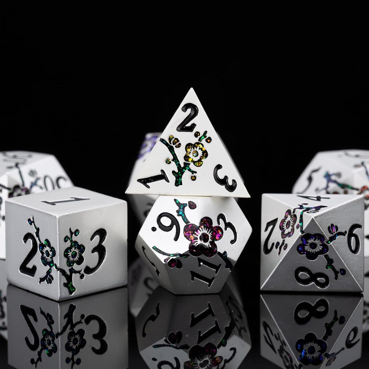 7 PCS Solid Metallic Flower D&D Dice Set,Metal Dungeons and Dragons Dice Set with Gift Box for DND Tabletop Game (Silver-Seven Colour Brocade)