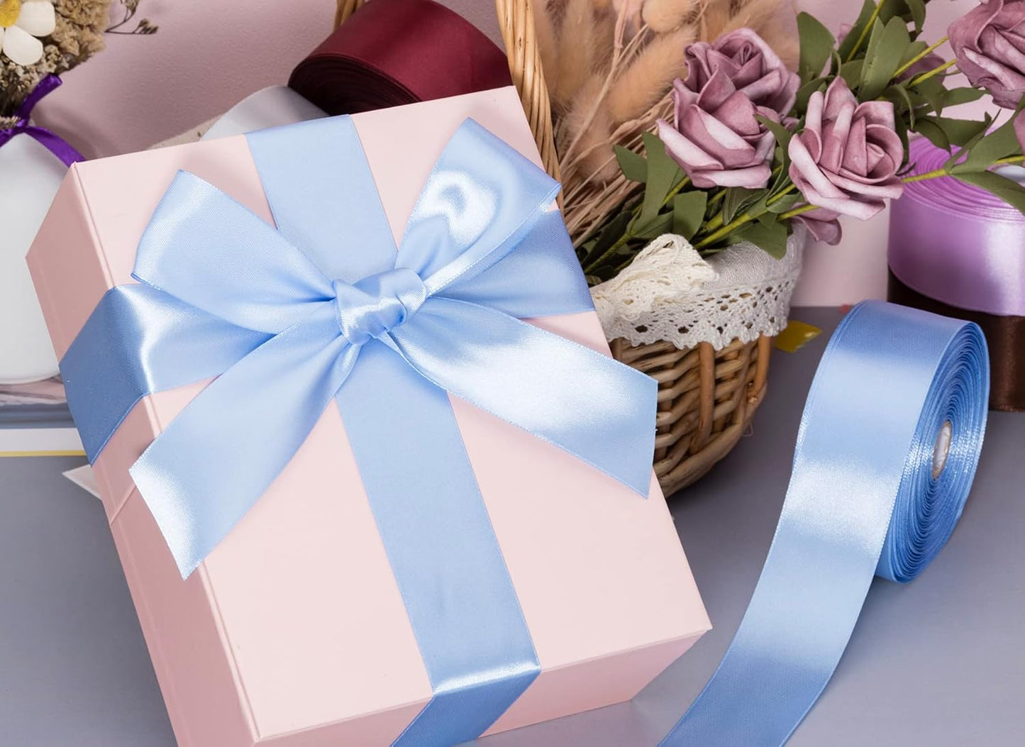 1 1/2 Inch Sky Blue Solid Satin Ribbon, 50 Yards Craft Fabric Ribbon for Gift Wrapping Floral Bouquets Wedding Party Decoration