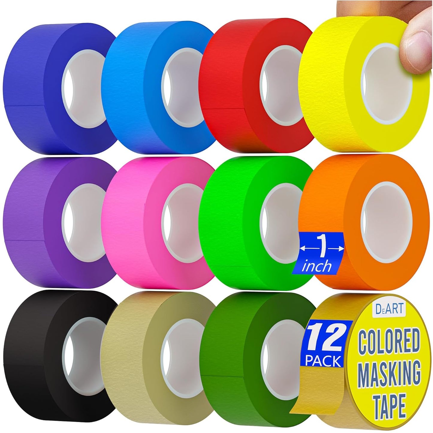 DEART Masking Tape 8 or 12 Pack 1 inch Colored Painters Tape for Arts & Crafts Labeling or Coding, Kids Art Supplies Color Tape Rolls, Craft Tapes Colorful Masking Tape (12)