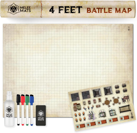 Melee Mats DND Map Starter Kit for Dungeons & Dragons Game - 35” x 48", Wet/Dry Erase Battle Terrain Grid - Ultimate Tabletop Gaming Experience with Accessories