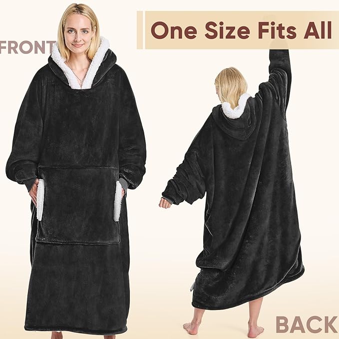 yescool Wearable Blanket Hoodie, Flannel Sherpa Fleece Blanket Sweatshirt for Adults Women Men,One Size Fits All