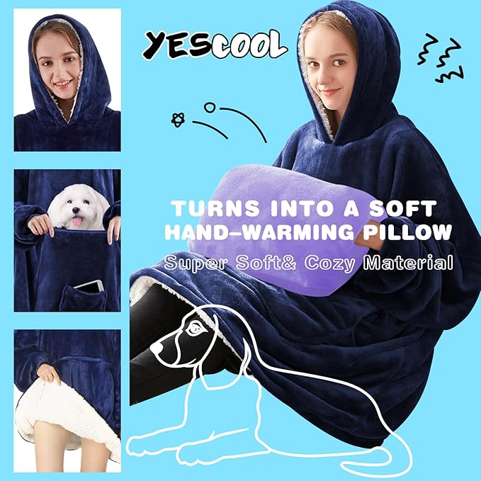 yescool Wearable Blanket Hoodie, Flannel Sherpa Fleece Blanket Sweatshirt for Adults Women Men,One Size Fits All