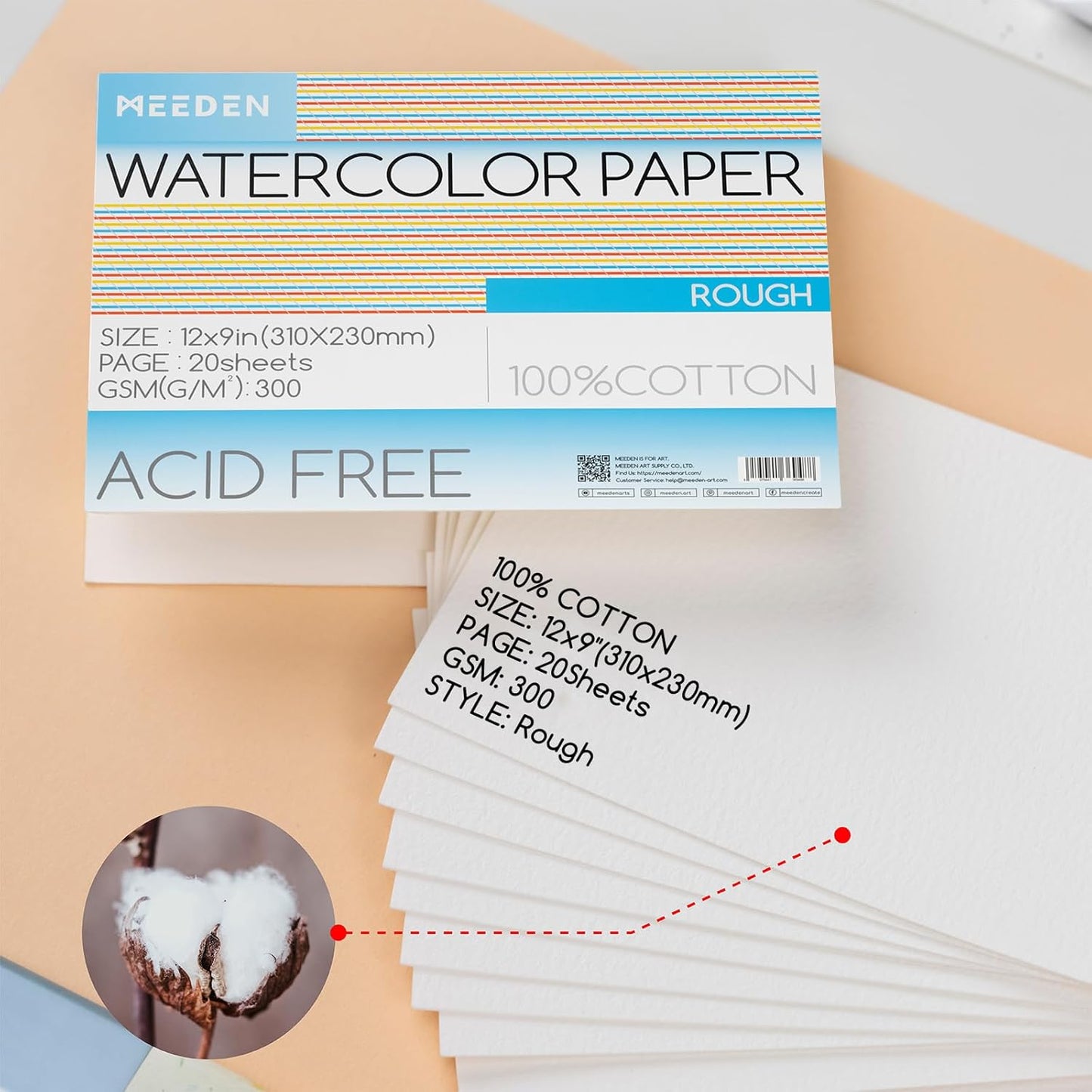 MEEDEN Watercolor Paper Block, 100% Cotton Watercolor Paper Pad of 20 Sheets, 140lb/300gsm, Acid-Free Art Paper for Watercolor, Gouache, Ink and More, 9" x 12" Rough Grain