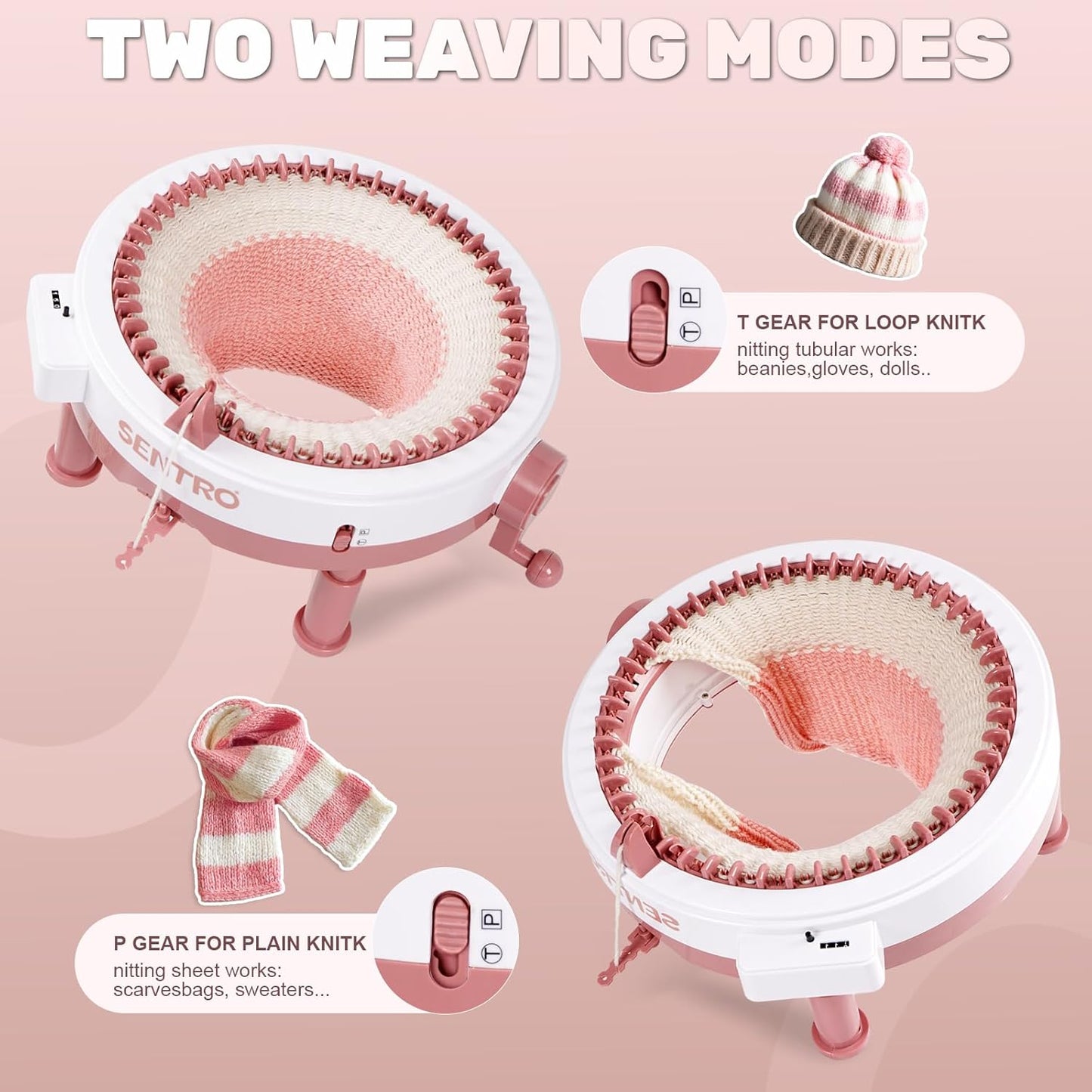 SENTRO Upgraded 48 Needle Knitting Machine, Circle Knit Loom Machine with Row Counter and Hand Crank,Crochet Knitting Loom Machine for Beginners and Seasoned Knitters (Upgraded 48Pink)