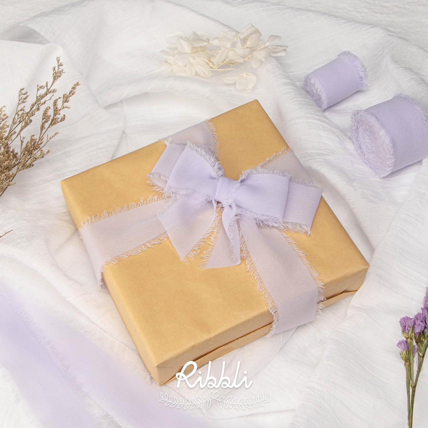 Ribbli Lilac Purple Chiffon Ribbon 1-1/2 inch x 20 Yard Handmade Fringe Chiffon Silk Ribbon,Lilac Ribbon for Wrapping, Wedding Invitations, Bridal Bouquets, Home Decor