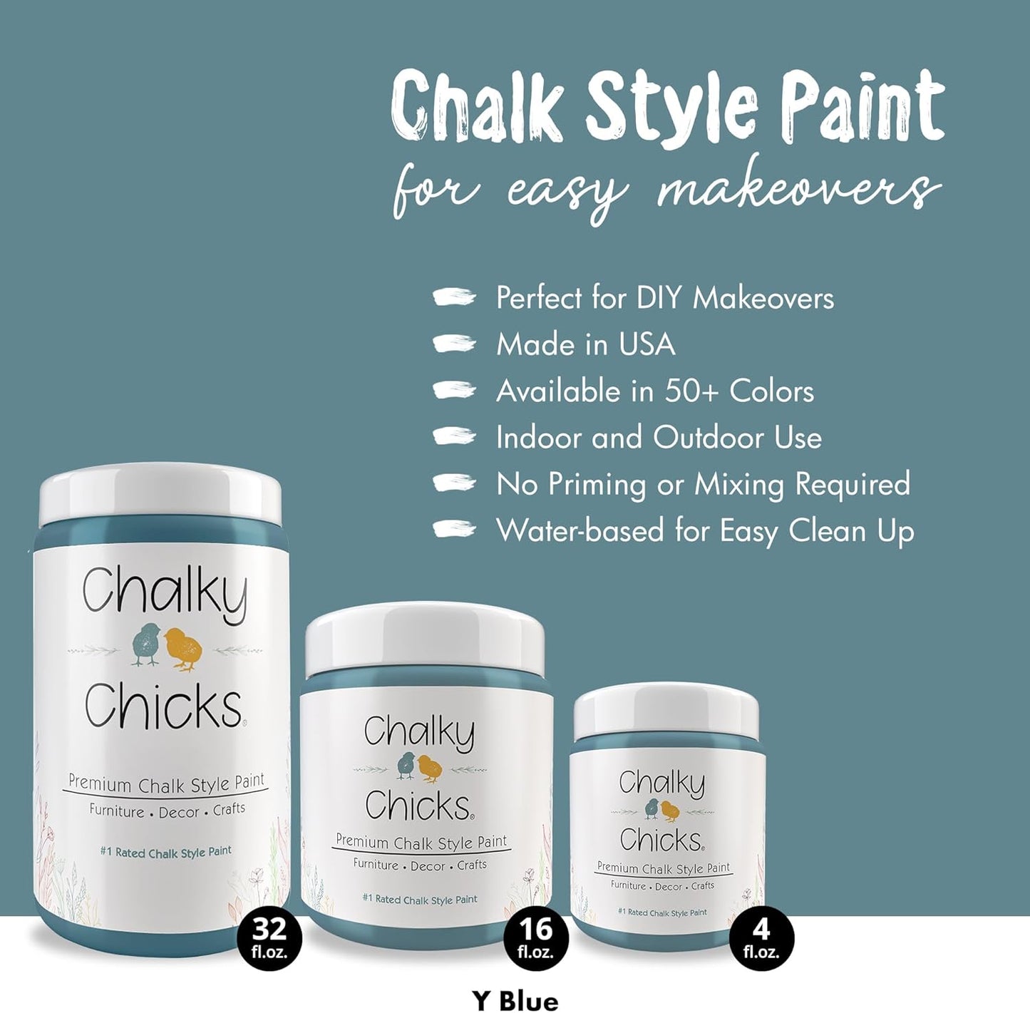 Chalky Chicks All-in-One Chalk Paint for Furniture or Cabinet - 32 Fl Oz - Matte Finish Y Blue (Medium Blue) for Metal, Wood Furniture Paint - No Sanding All-in-One for Home Decor & Crafts, USA Made