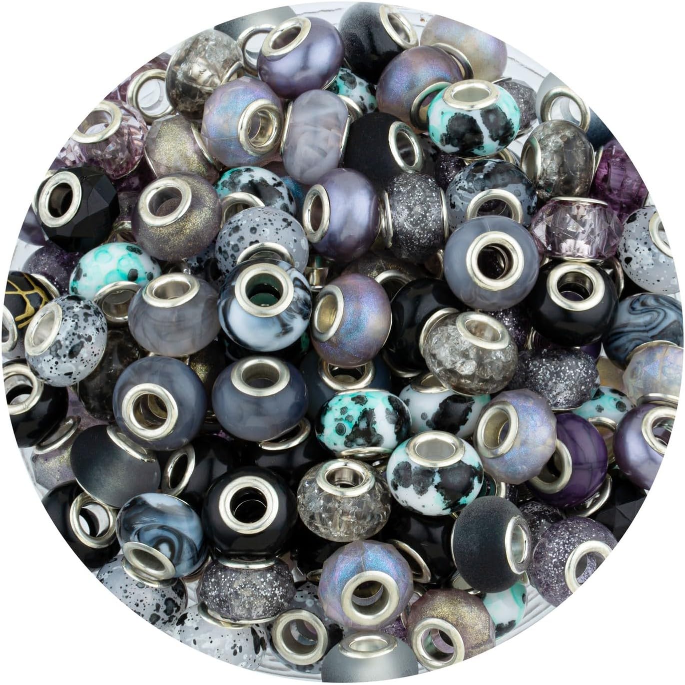 LAIDANLA Black Mix Large Hole Beads, 100pcs 14mm Round Resin, Plastic, Acrylic Loose Beads for Jewelry Making, Crafts & Decoration