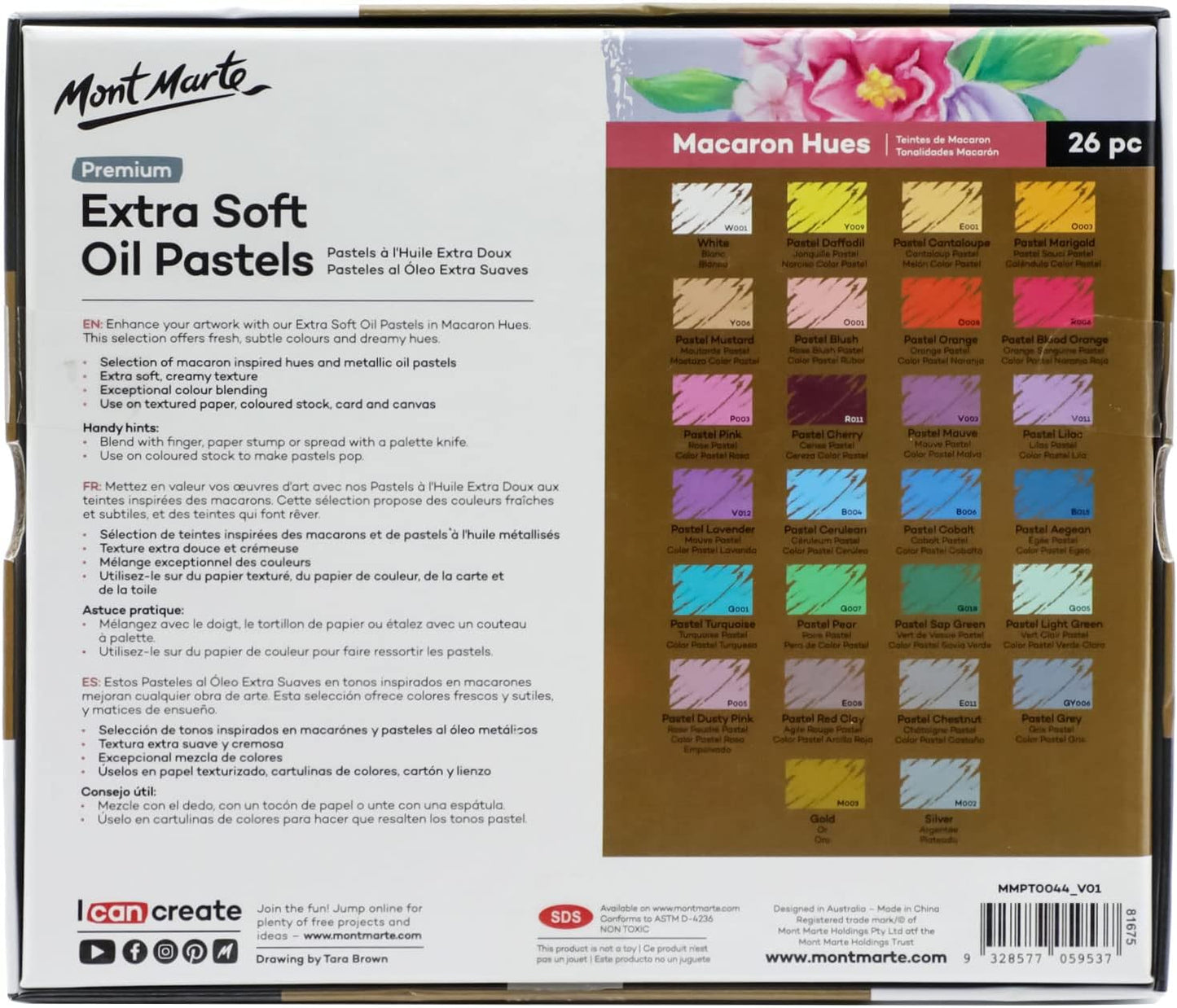 Mont Marte Extra Soft Oil Pastels Macaron Hues Premium 26pc, Assorted Pastel & Metallic Colors, Vibrant, Buttery, Versatile Art Pastels for Blending, layering & Shading, Coloring, Sketching