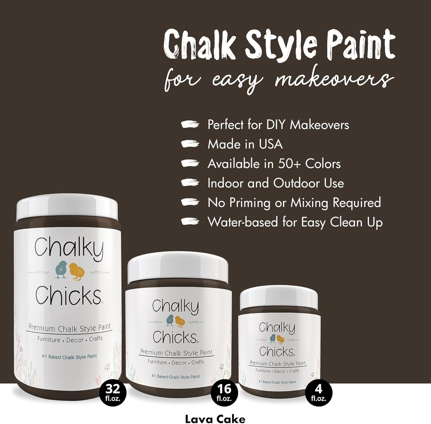 Chalky Chicks All-in-One Chalk Paint for Furniture or Cabinet - 16 Fl Oz - Matte Finish Lava Cake (Dark Brown) for Metal, Wood Furniture Paint - No Sanding All-in-One for Home Decor & Crafts, USA Made