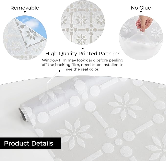 Window Privacy Film, Frosted Glass Decorative Static Cling, Removable Sun Blocking Vinyl Covering,Window Film for Home Kitchen Living Room Bathroom, ‌Floral Grid‌, 17.3" x 78.7"