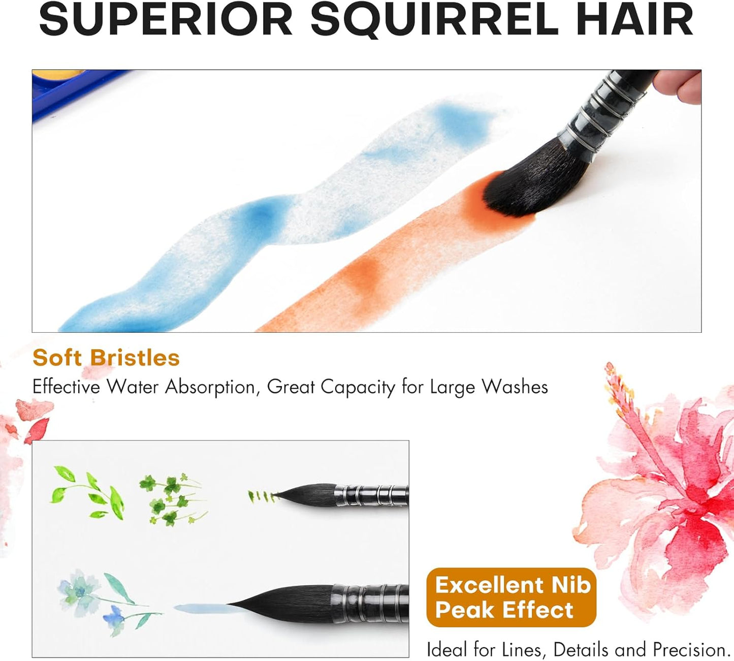 Professional Watercolor Brush, Fuumuui Natural Squirrel Hair Mop Brush, Round Quill Detail Fine Tip Watercolor Paint Brush for Water Color Gouache Ink Painting - Sizes #8