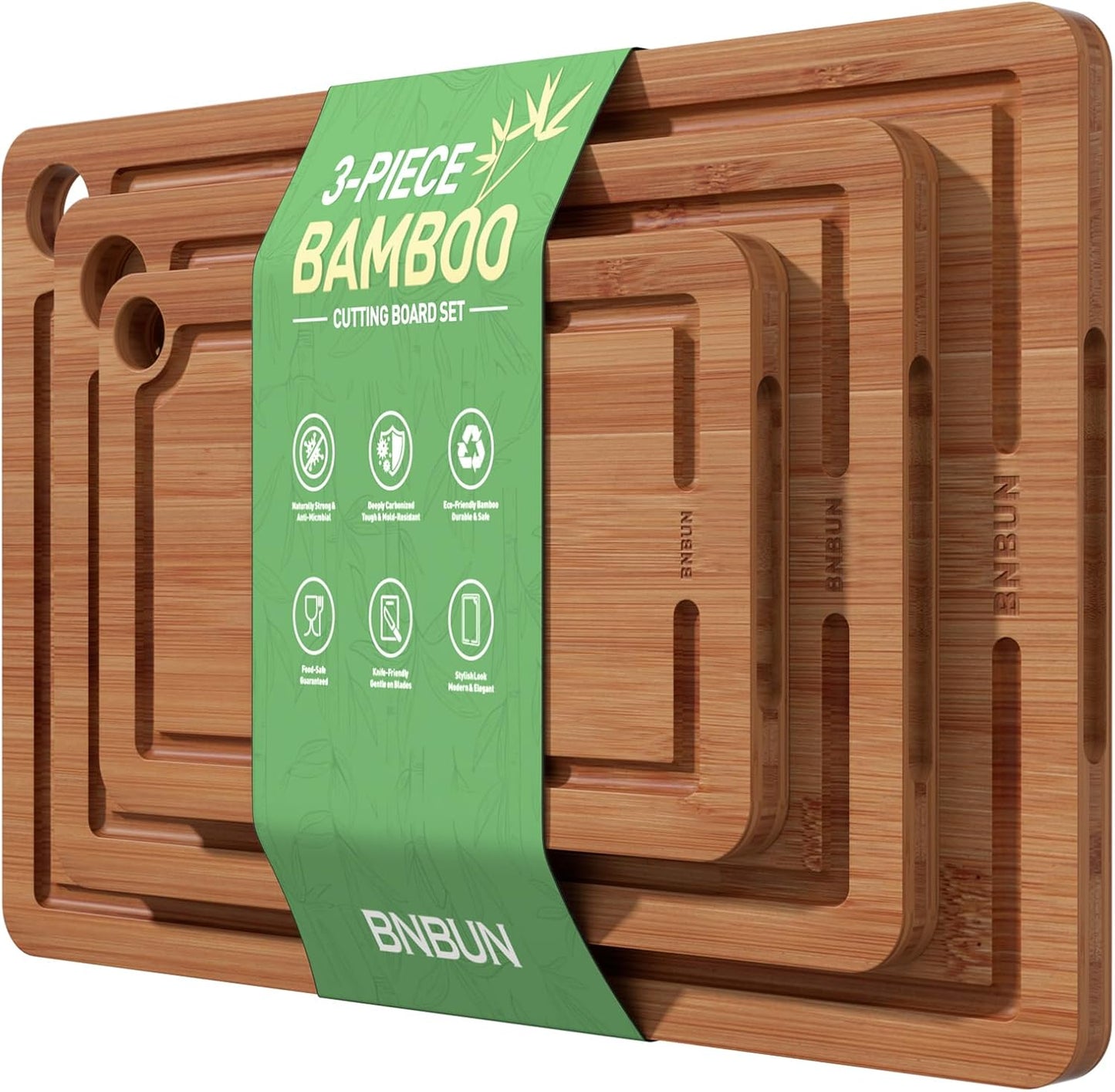 Bamboo Cutting Board for Kitchen, Wooden Cutting Board 3-Piece Set with Non-Slip Mat Deep Juice Groove and Built-In Handles, Wood Cutting Board for Meat Vegetables Fruit Ideal Gift for the Home