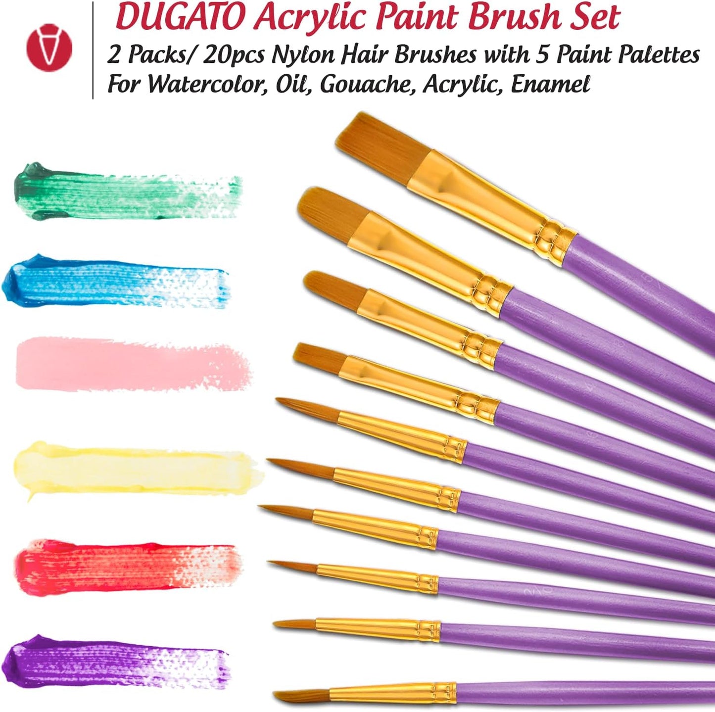 Halloween Paint Brushes Palettes Set by DUGATO, 2 Packs/20pcs Round Pointed Tip Nylon Hair Brushes with 5 Paint Trays for Acrylic Watercolor Oil Gouache Tempera and Body Painting (Purple)