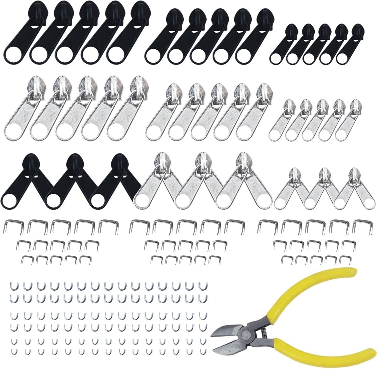 175 Pcs Zipper Repair Kit Sewing Change Zipper Needle-Nose Pliers Silver Black Zipper Clothing Jacket Purse Luggage Backpack Tent Sleeping Bag