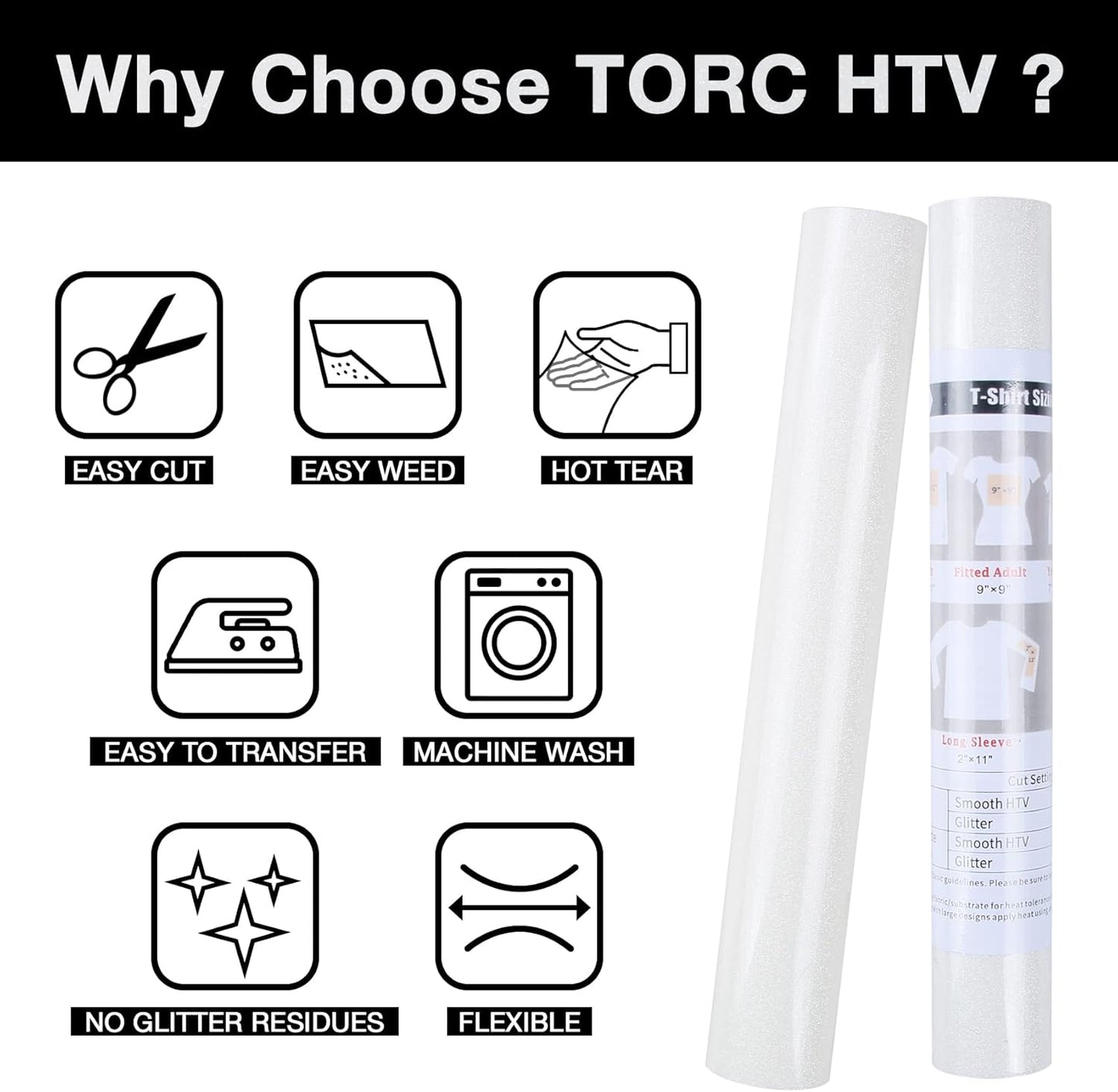 TORC White Glitter HTV Heat Transfer Vinyl Roll 12 inch x 5 ft Iron on Vinyl for T Shirts Crafts