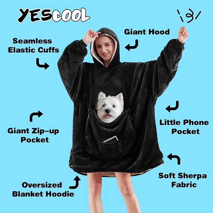 yescool Wearable Blanket Hoodie, Flannel Sherpa Fleece Blanket Sweatshirt for Adults Women Men,One Size Fits All