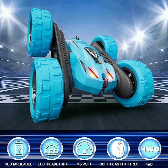 Remote Control Car,Stunt RC Cars Double Sided 360° Rotating RC Crawler,2.4Ghz All Terrain 4WD Off Road Monster Truck Car Toy for Kids Gifts for Boys Girls (F-Blue-Head Light)