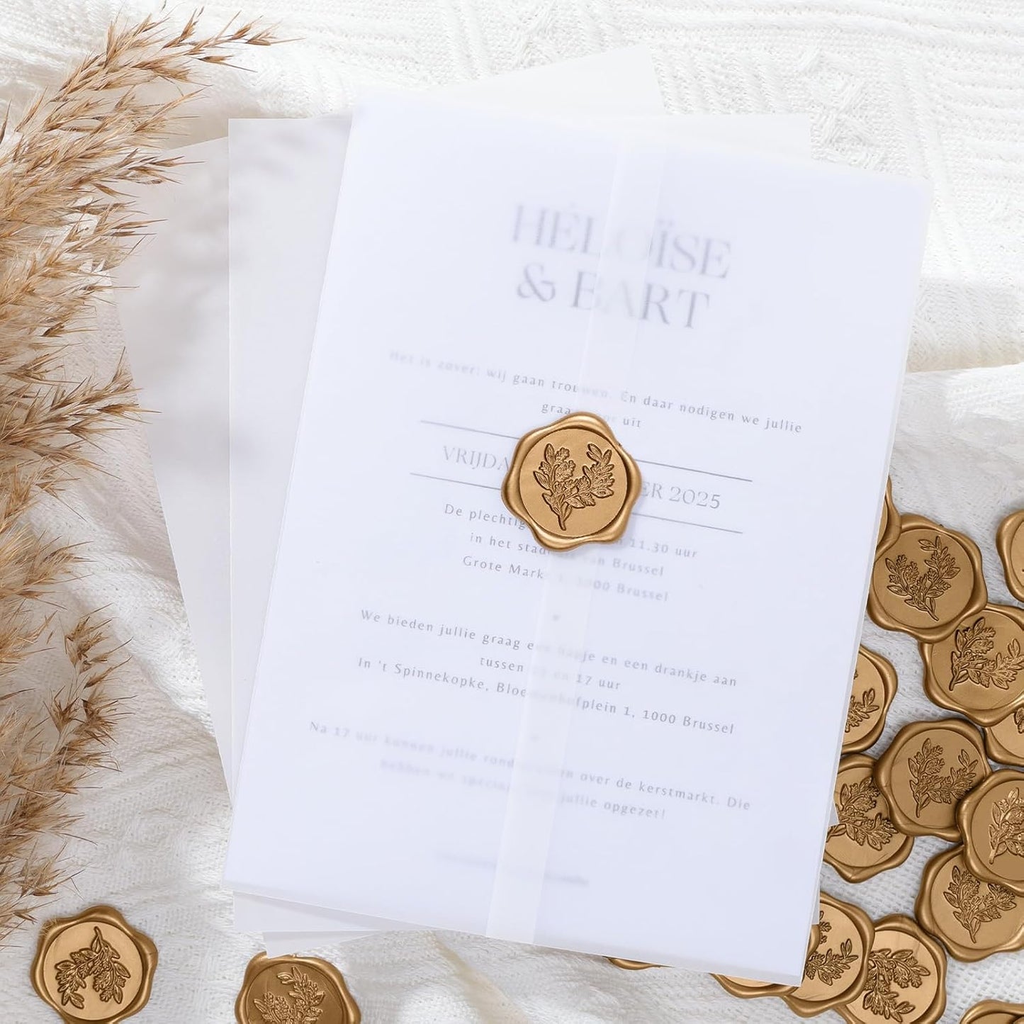 UNIQOOO 50 Sets Pre-Folded Vellum Jackets for 5x7 Invitation & Gold Eucalyptus Wax Seal Stickers, Wedding Invitations Wraps Bulk for Wedding Bridal Baby Shower Envelopes