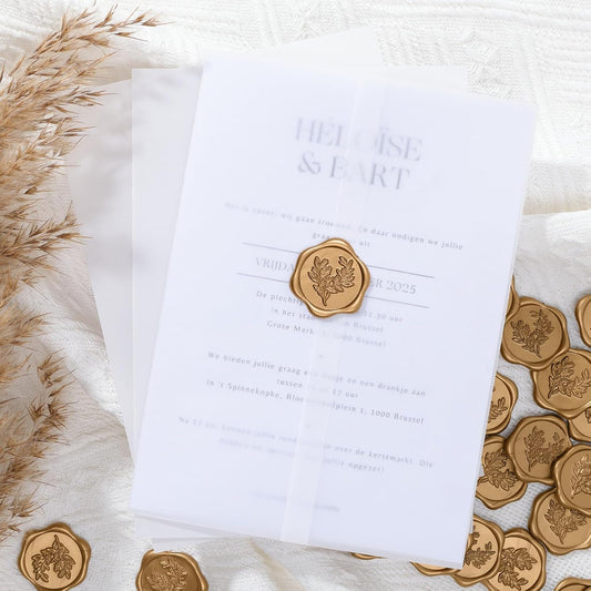 UNIQOOO 50 Sets Pre-Folded Vellum Jackets for 5x7 Invitation & Gold Eucalyptus Wax Seal Stickers, Wedding Invitations Wraps Bulk for Wedding Bridal Baby Shower Envelopes