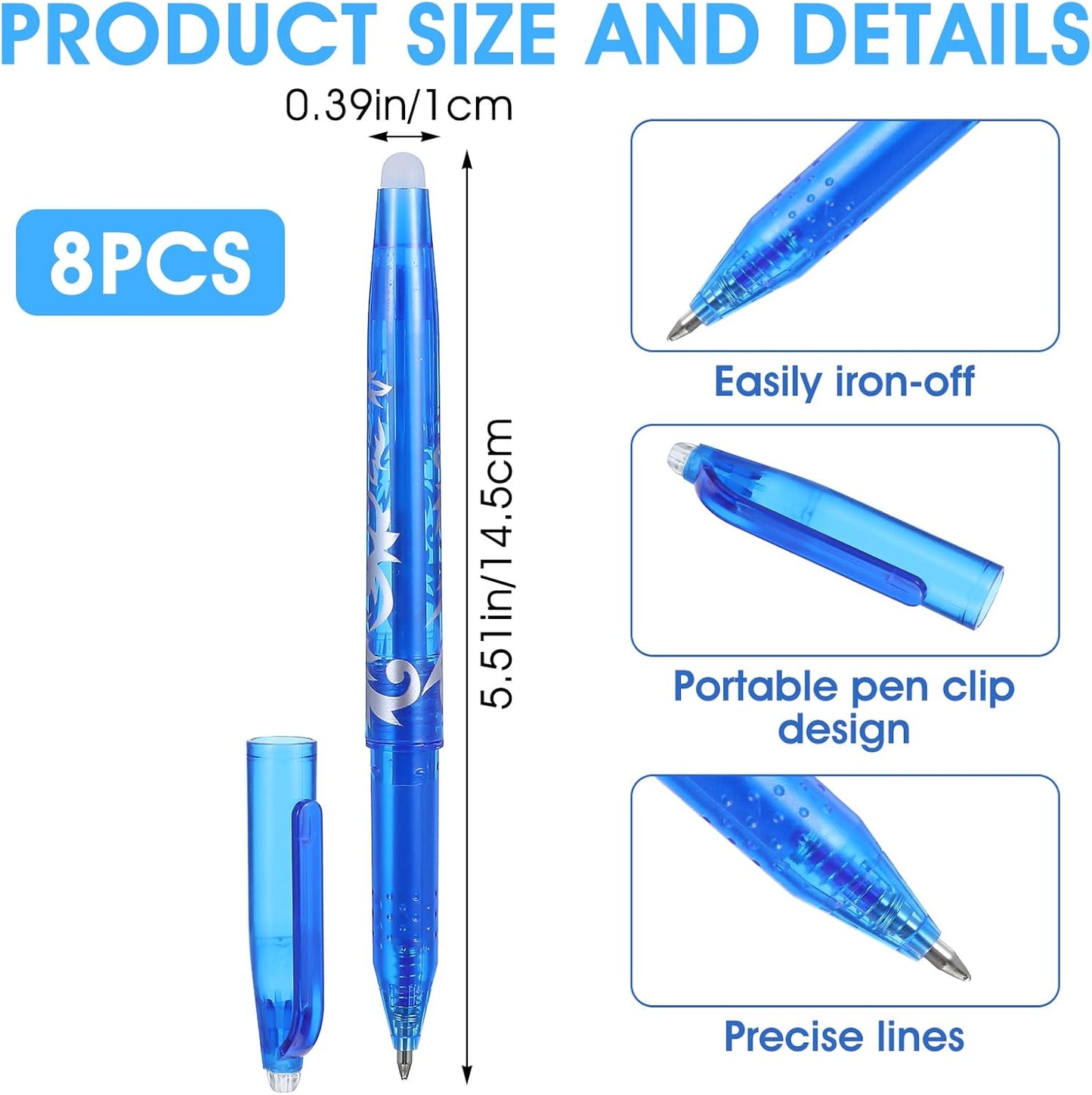 12pcs Heat Erasable Pens for Fabric, Fabric Marking Pens Fabrics Markers No Ghost Lines, Disappearing Ink for Precise Marking for Quilting Sewing Embroidery DIY Dressmaking Fabrics Tailors Chalk