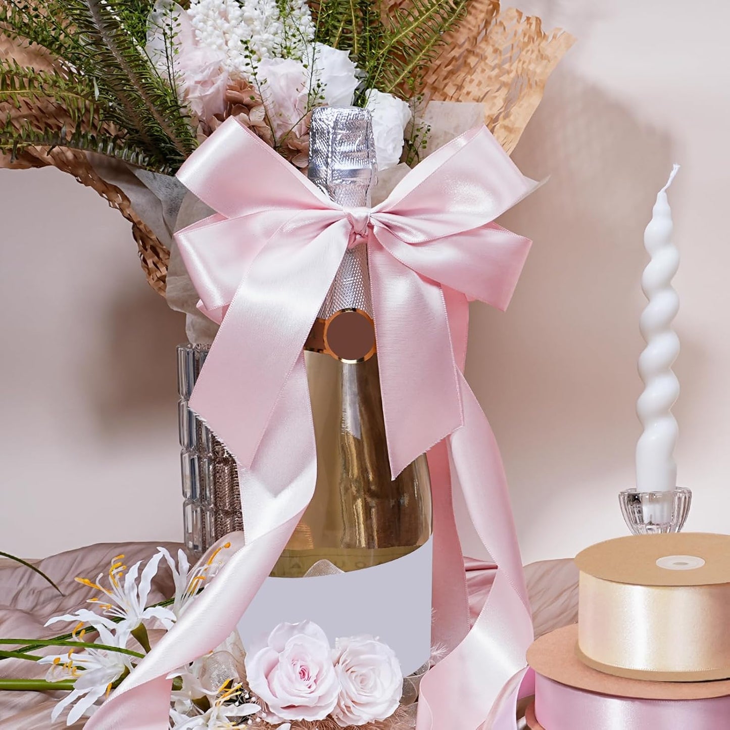 LaRibbons 1 1/2 Inch 50 Yard Double Faced Satin Ribbon,Light Pink Satin Craft Fabric Ribbon for Gift Wrapping Floral Bouquets Wedding Party Decoration