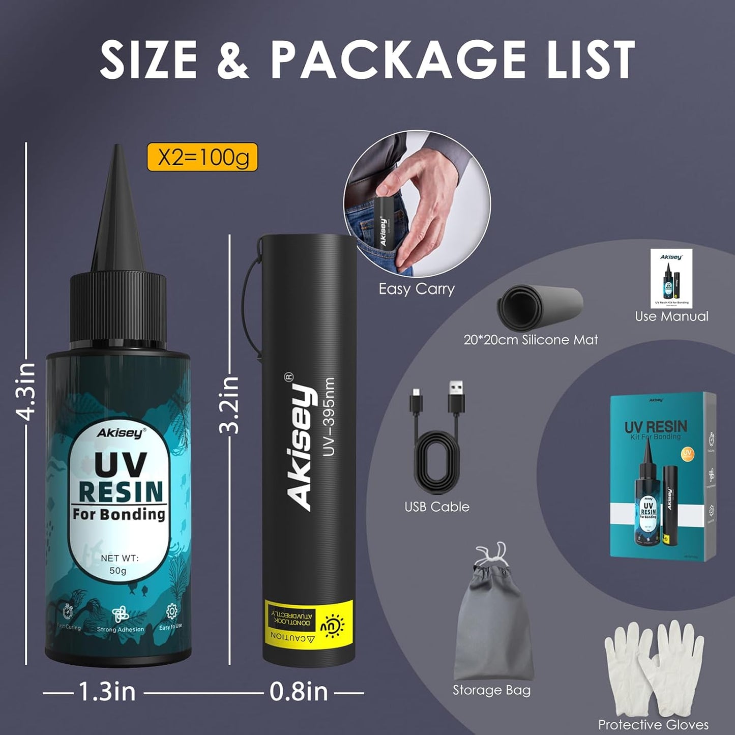 UV Resin Kit with Light, 100g UV Resin with Rechargeable 395NM UV Flashlight, Fast Curing in Seconds, UV Glue Adhesive for Bonding Jewelry, Plastic, Glass Repair, w/Mat, Gloves, Storage Bag