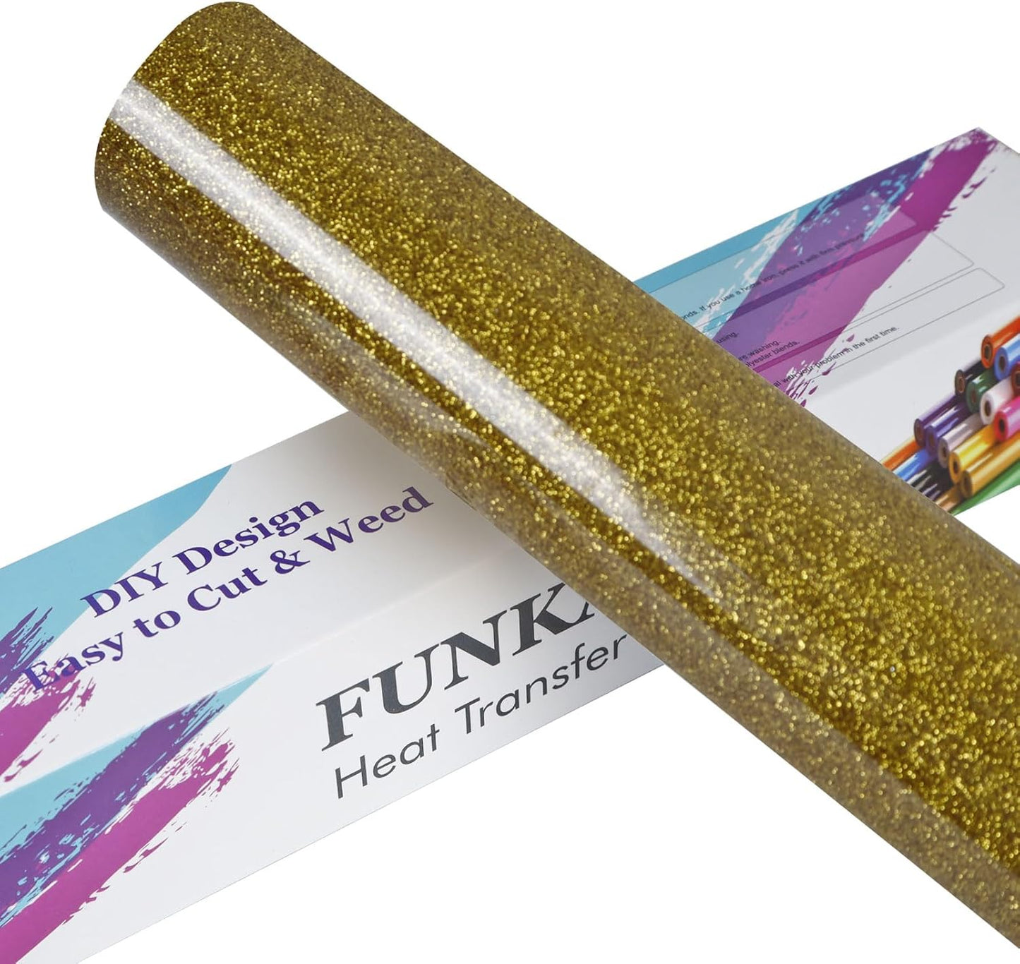 FUNKAKA Glitter Golden HTV Heat Transfer Vinyl Rolls, 12" x 8ft PU Iron on Vinyl for T-Shirt Golden Glitter HTV Vinyl for All Cutter Machines Easy to Cut & Weed for Heat Vinyl Design