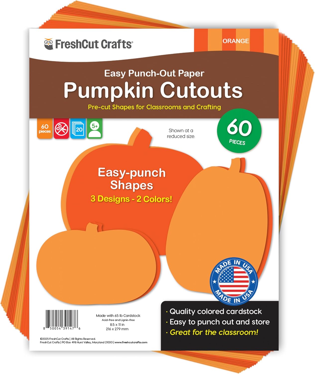 60 Pieces Pumpkin Cutouts for Fall Crafts and Classroom Decor, Orange Paper Shapes in Three Designs for Halloween Projects, Bulletin Boards, Autumn Activities, Double Sided USA Made Cardstock