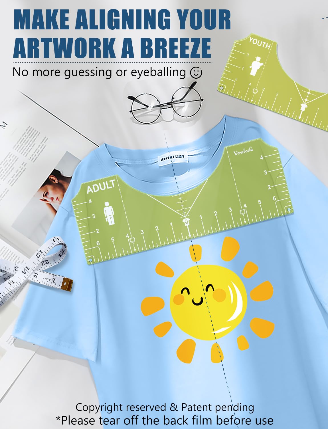 Vowlove Tshirt Ruler Guide for Vinyl Alignment - T Shirt Rulers to Center Designs Graphics Placement, Tee Shirt Measurement Ruler Heat Press Accessories Tool Sublimation Blanks HTV Heat Transfer Vinyl