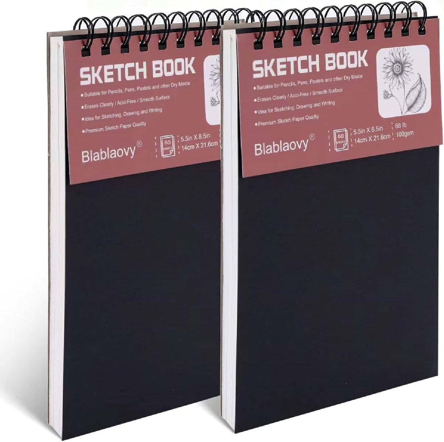 Sketch Book, 5.5" x 8.5" Sketchbook with 60 Sheets (68lb/100gsm), 2 Pack Drawing Pad Acid Free Drawing Book Sketch Pad for Kids Adults Beginners Artists (2 pcs Black)