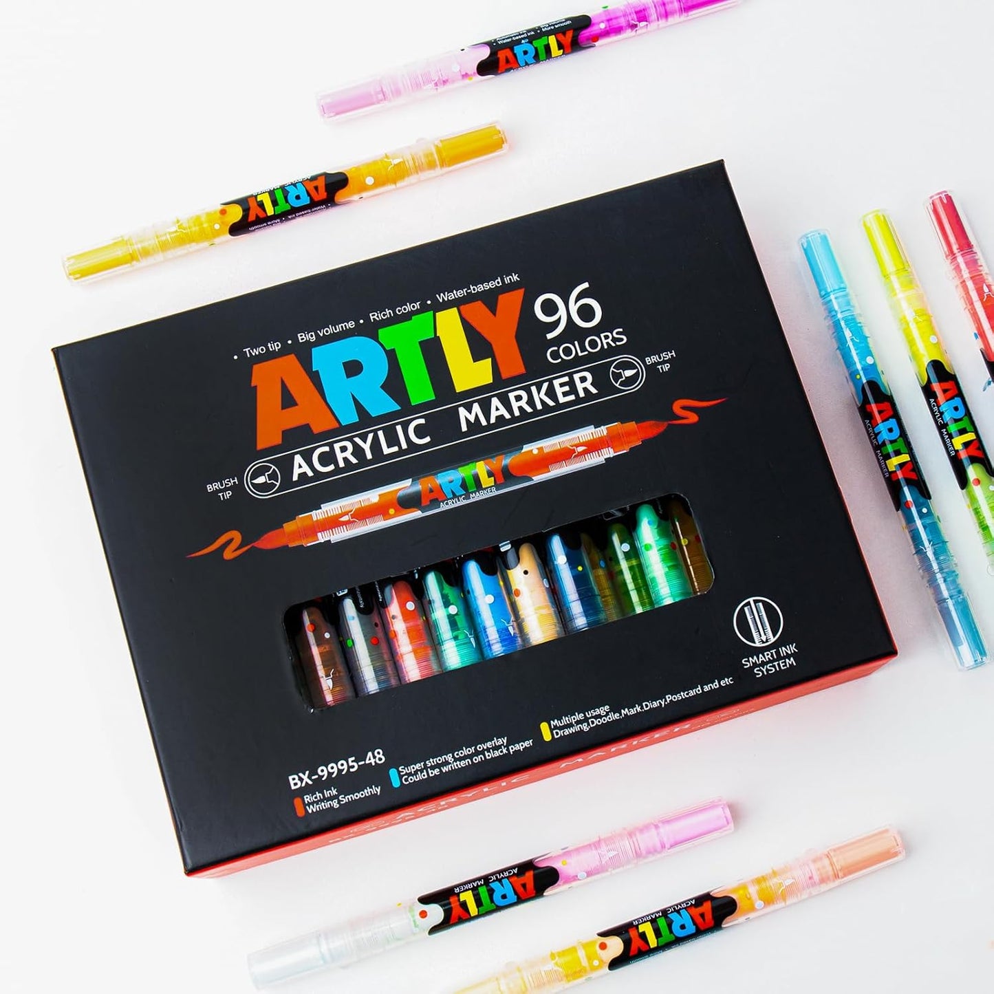 96 Colors Paint Markers, Dual-Color Acrylic Pens with Brush Tips, Double Tipped for Rocks & Art Supplies (48pcs/96colors)