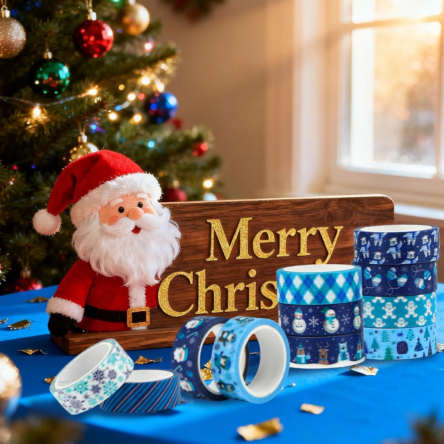 12 Rolls Winter Washi Tape Set Blue White Snowflake Snowman Holiday Masking Tape Xmas Tree Reindeer Penguin Holiday Decorative Tapes for Scrapbook Journal DIY Craft Gift Wrapping Party Decor 16.4FT