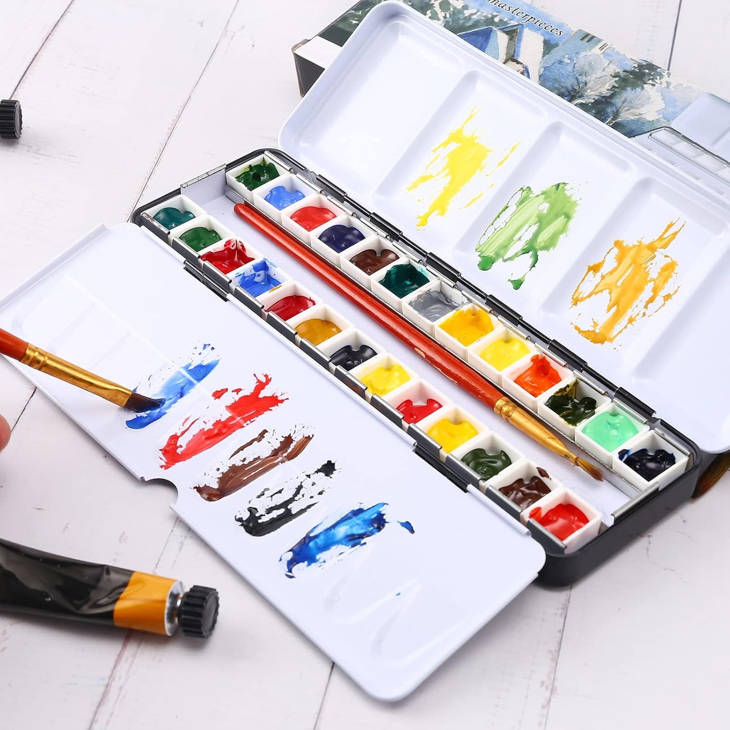 LOONENG Metal Watercolor Tin with Fold-Out Palette, Medium Tray Palette with 26 Empty Half Pans for Plein Air, Acrylic and Oil Painting