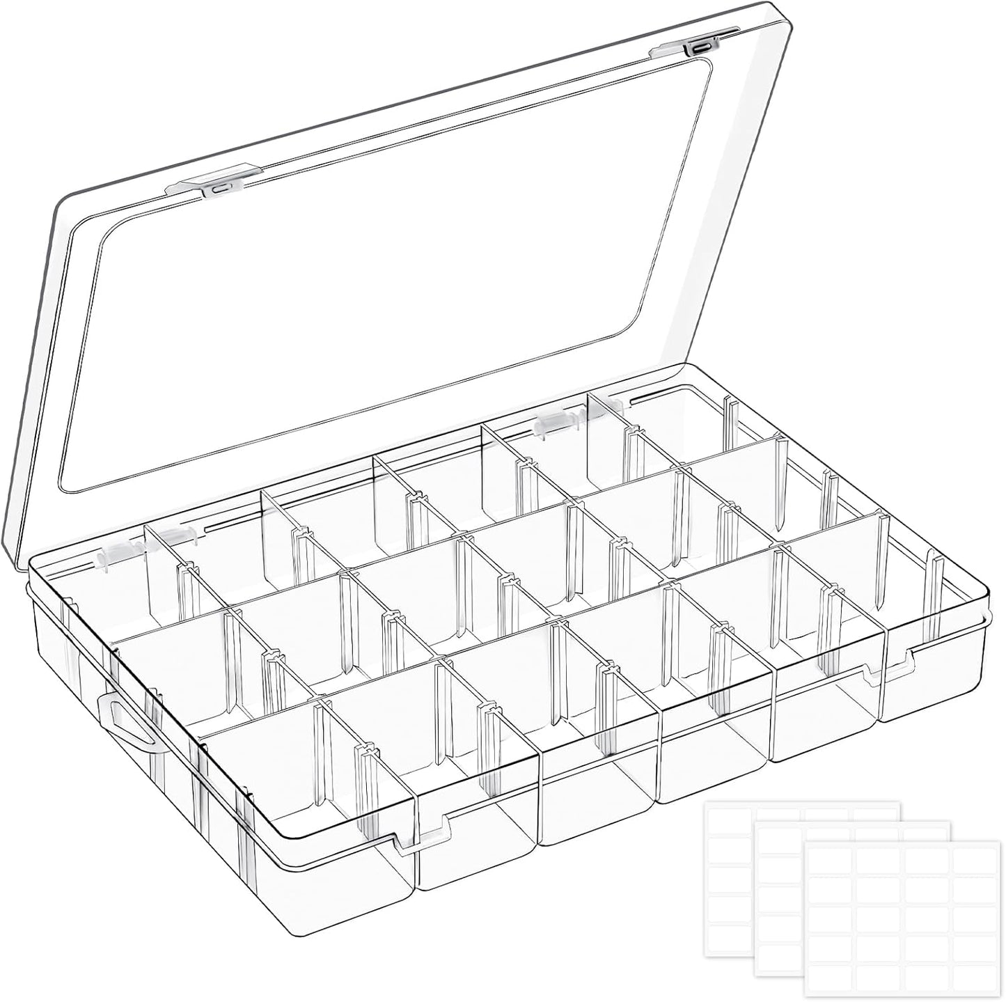 18 Grids Large Plastic Organizer Box with Adjustable Dividers, Clear Compartment Storage Container Tackle Box with Label Stickers for Beads, Crafts, Jewelries, Tools